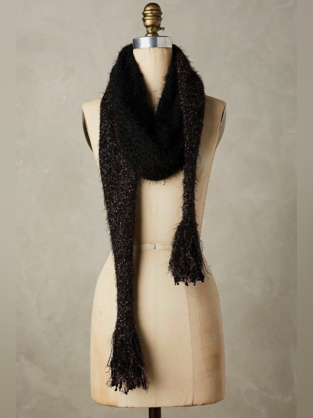 ✨ Anthropologie Tinselknit Winter Black Metallic Copper Fringe Tapered Scarf